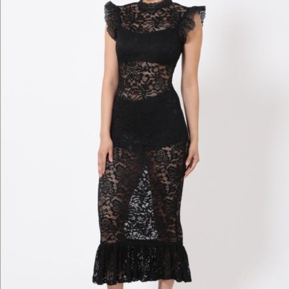 Valentine Black Sheer Lace Midi Dress - Picture 2 of 8